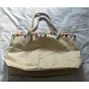 Beach Bag Woven Straw Tote With Zip Up Closure, Rope Handles N Colorful Tassel